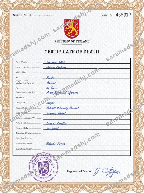 Finland death certificate PSD template